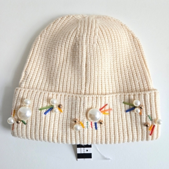 LELE SADOUGHI Confetti Knit Embellished Ivory Beanie Black Gold Label NWT